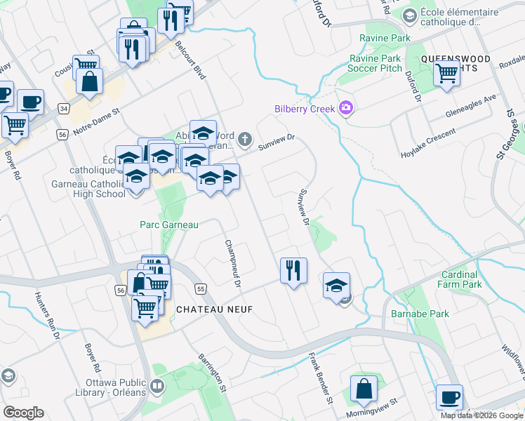 map of restaurants, bars, coffee shops, grocery stores, and more near 1705 Belcourt Boulevard in Ottawa