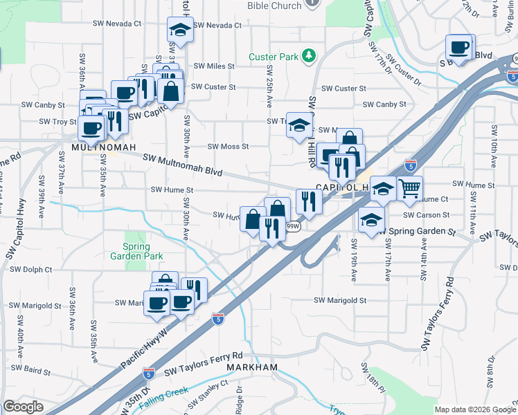 map of restaurants, bars, coffee shops, grocery stores, and more near 2525 Southwest Hume Court in Portland