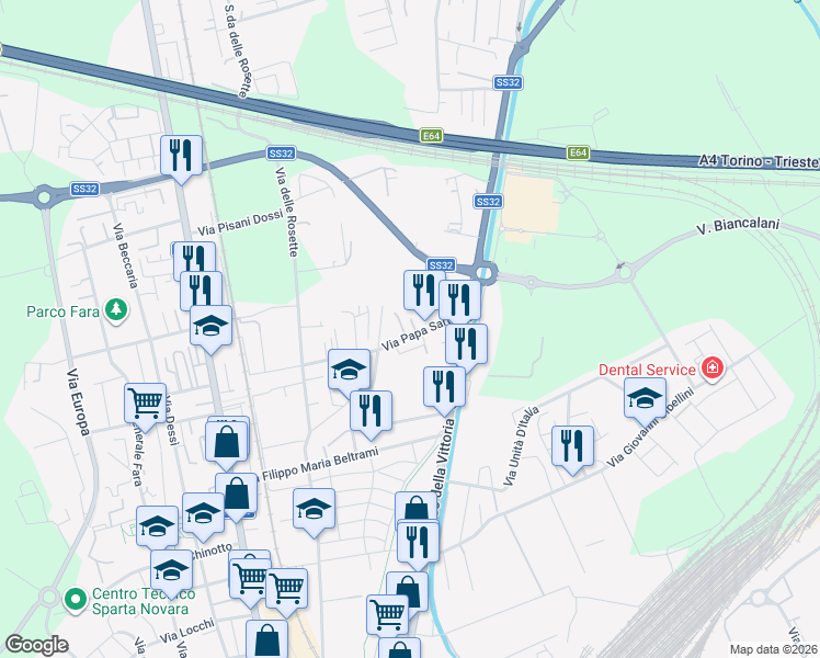 map of restaurants, bars, coffee shops, grocery stores, and more near 12 Via Papa Sarto in Novara