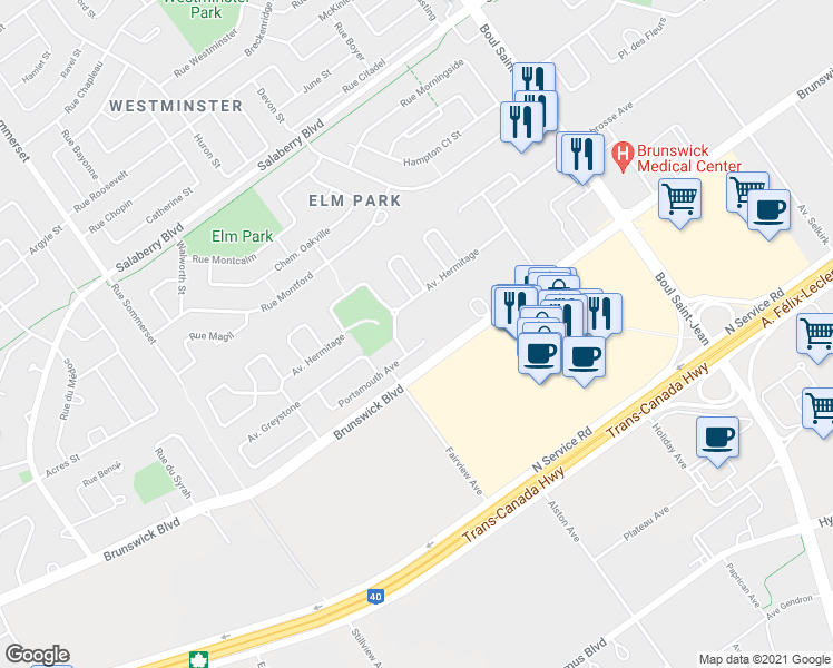 map of restaurants, bars, coffee shops, grocery stores, and more near 5 Avenue de Portsmouth in Pointe-Claire