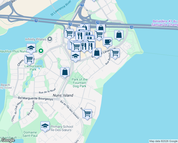 map of restaurants, bars, coffee shops, grocery stores, and more near 19 Place du Soleil in Montréal