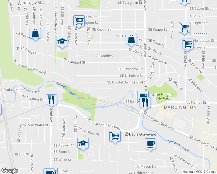 map of restaurants, bars, coffee shops, grocery stores, and more near 4015 Southeast Tenino Street in Portland