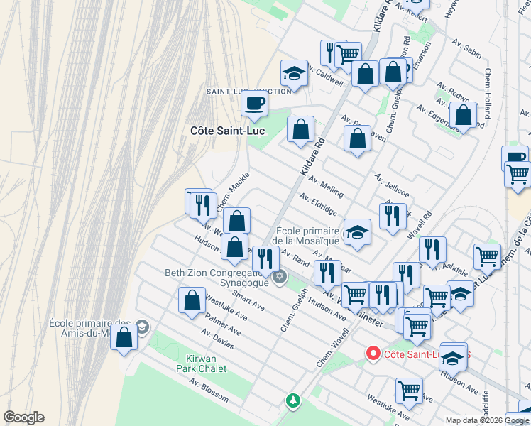 map of restaurants, bars, coffee shops, grocery stores, and more near 5756 Avenue McMurray in Côte Saint-Luc