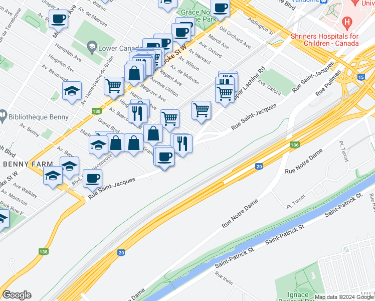 map of restaurants, bars, coffee shops, grocery stores, and more near 6120 St Jacques St in Montreal
