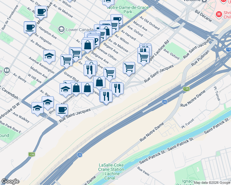map of restaurants, bars, coffee shops, grocery stores, and more near 2001 Avenue Beaconsfield in Montrã©Al