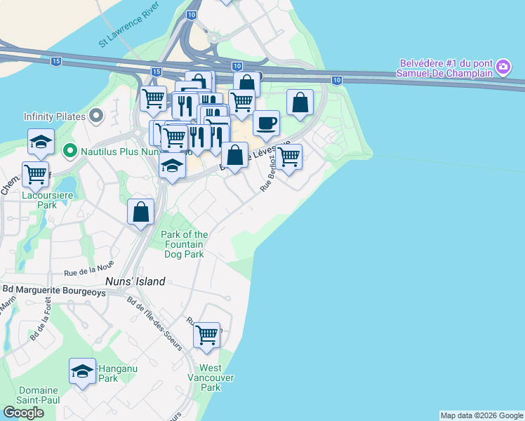 map of restaurants, bars, coffee shops, grocery stores, and more near 60 Rue Berlioz in Montréal