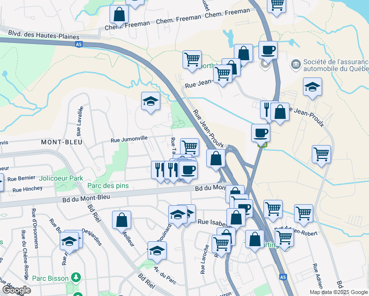 map of restaurants, bars, coffee shops, grocery stores, and more near 10 Rue Radisson in Gatineau