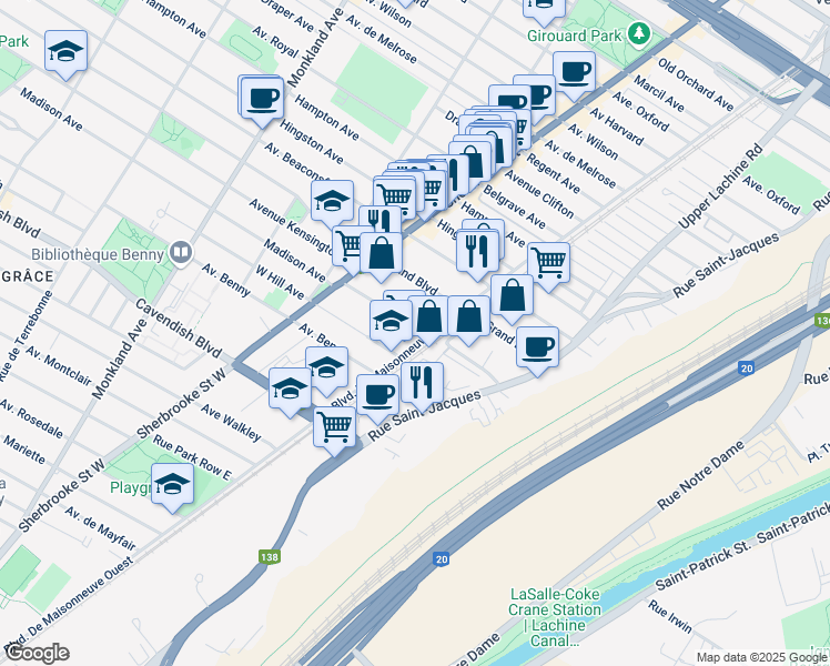 map of restaurants, bars, coffee shops, grocery stores, and more near 2260 Madison Avenue in Montreal
