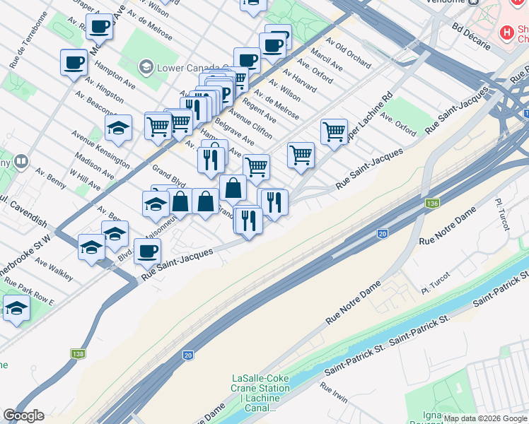 map of restaurants, bars, coffee shops, grocery stores, and more near 2007 Avenue Beaconsfield in Montréal