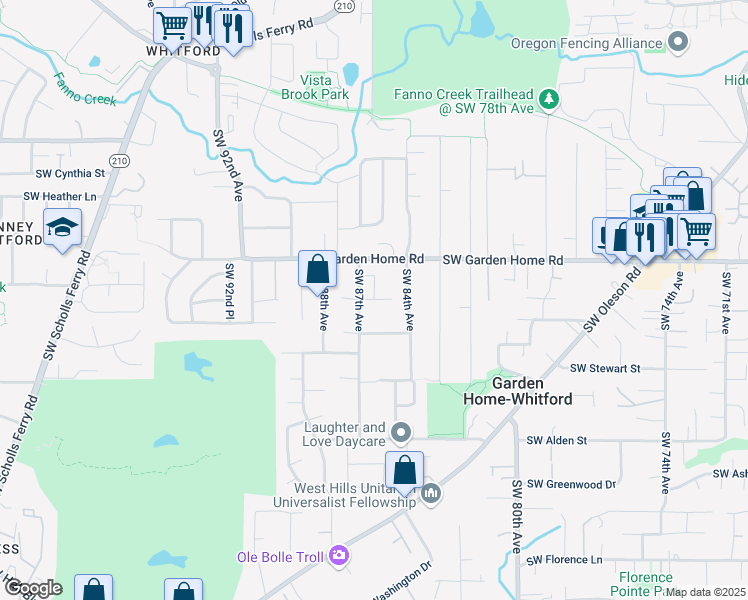 map of restaurants, bars, coffee shops, grocery stores, and more near 8595 Southwest Holly Lane in Portland