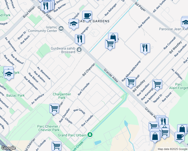 map of restaurants, bars, coffee shops, grocery stores, and more near 5600 Rue Corneille in Brossard