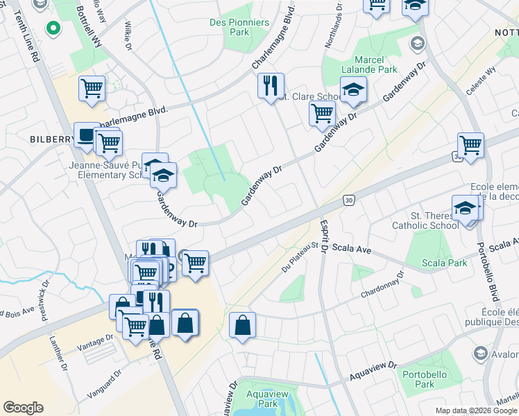 map of restaurants, bars, coffee shops, grocery stores, and more near 652 Thicket Way in Ottawa