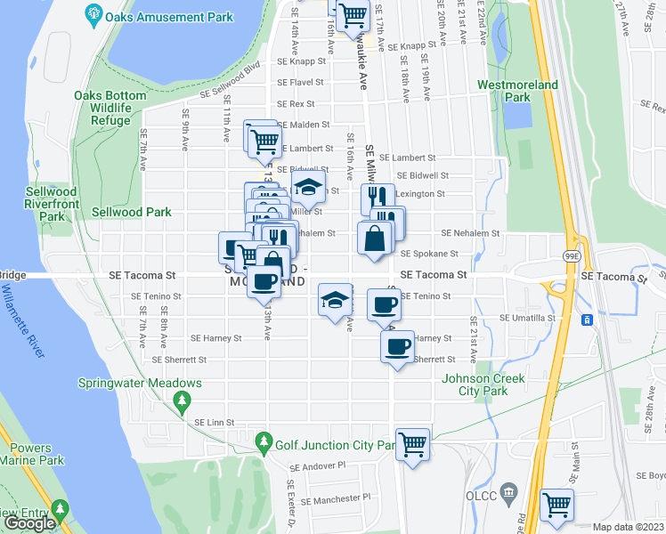 map of restaurants, bars, coffee shops, grocery stores, and more near 1549 Southeast Tacoma Street in Portland