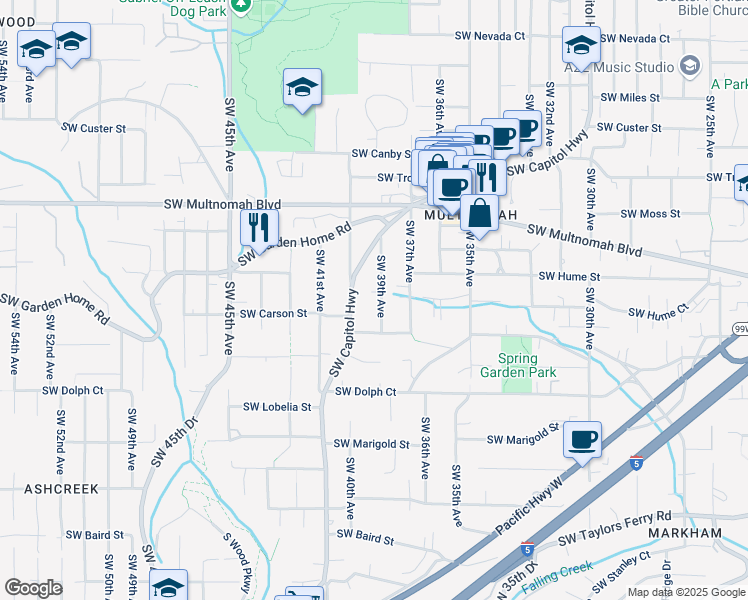 map of restaurants, bars, coffee shops, grocery stores, and more near 8311 Southwest 39th Avenue in Portland