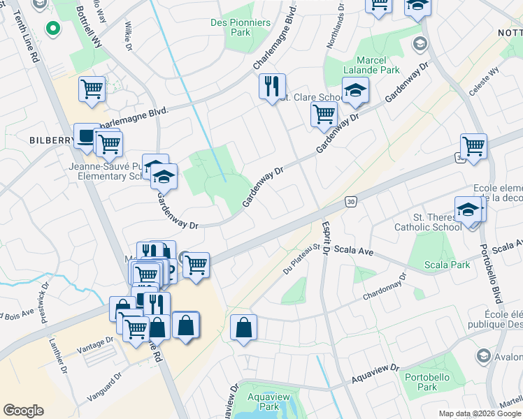 map of restaurants, bars, coffee shops, grocery stores, and more near 652 Thicket Way in Ottawa
