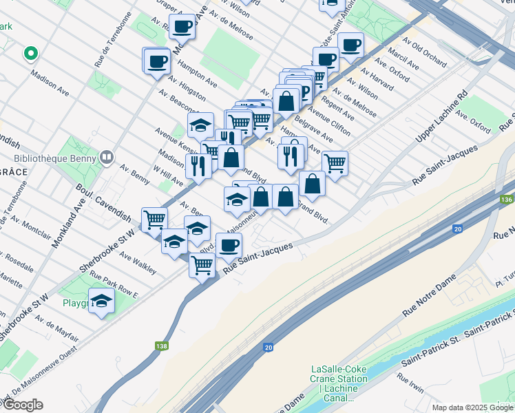 map of restaurants, bars, coffee shops, grocery stores, and more near 2237 Avenue Madison in Montreal
