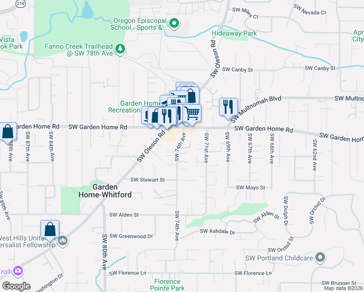 map of restaurants, bars, coffee shops, grocery stores, and more near 7660 Southwest 74th Avenue in Portland