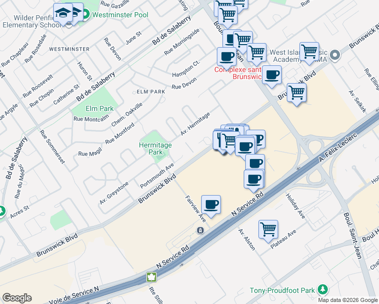 map of restaurants, bars, coffee shops, grocery stores, and more near 365 Boulevard Brunswick in Pointe-Claire