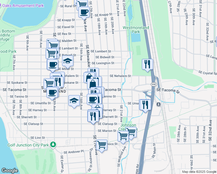 map of restaurants, bars, coffee shops, grocery stores, and more near 1924 Southeast Spokane Street in Portland