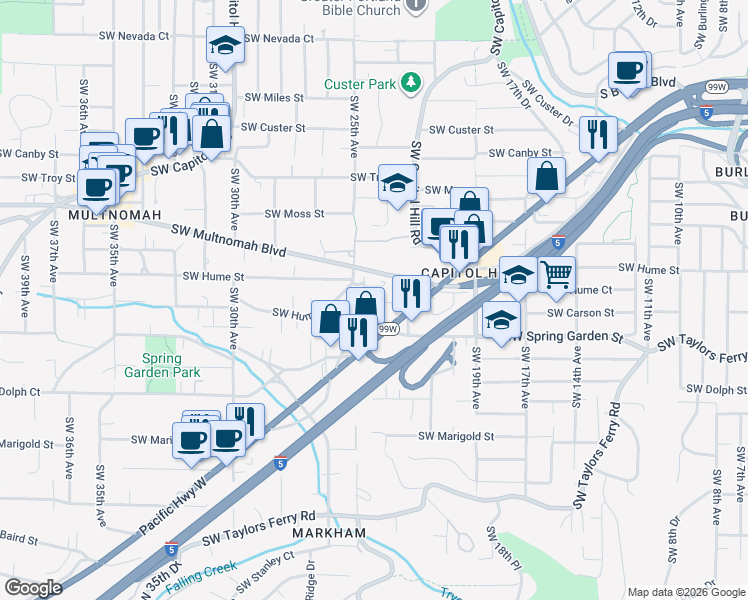 map of restaurants, bars, coffee shops, grocery stores, and more near 2350 Southwest Multnomah Boulevard in Portland