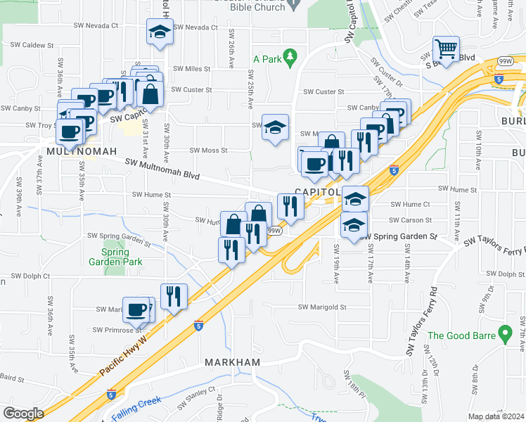 map of restaurants, bars, coffee shops, grocery stores, and more near 2350 Southwest Multnomah Boulevard in Portland