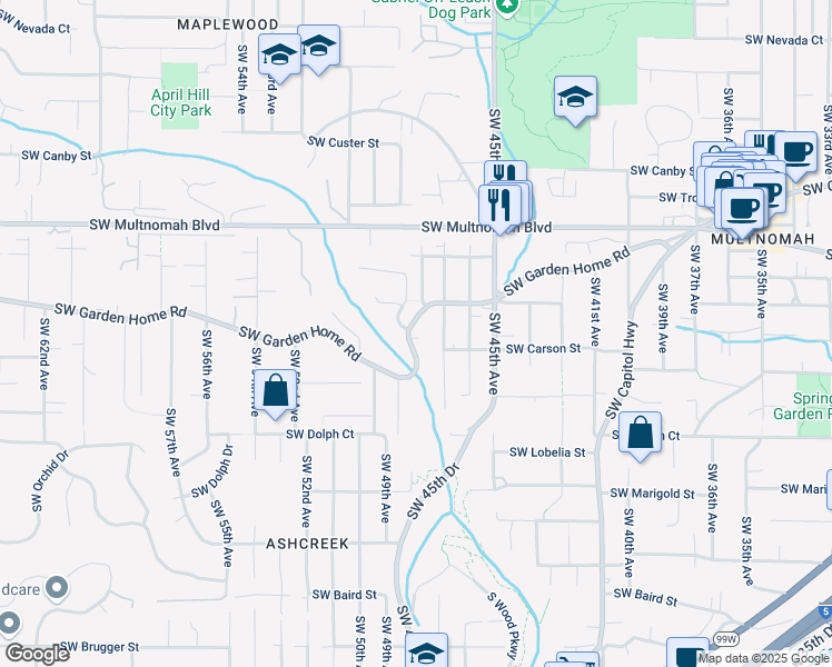 map of restaurants, bars, coffee shops, grocery stores, and more near 8229 Southwest 47th Avenue in Portland