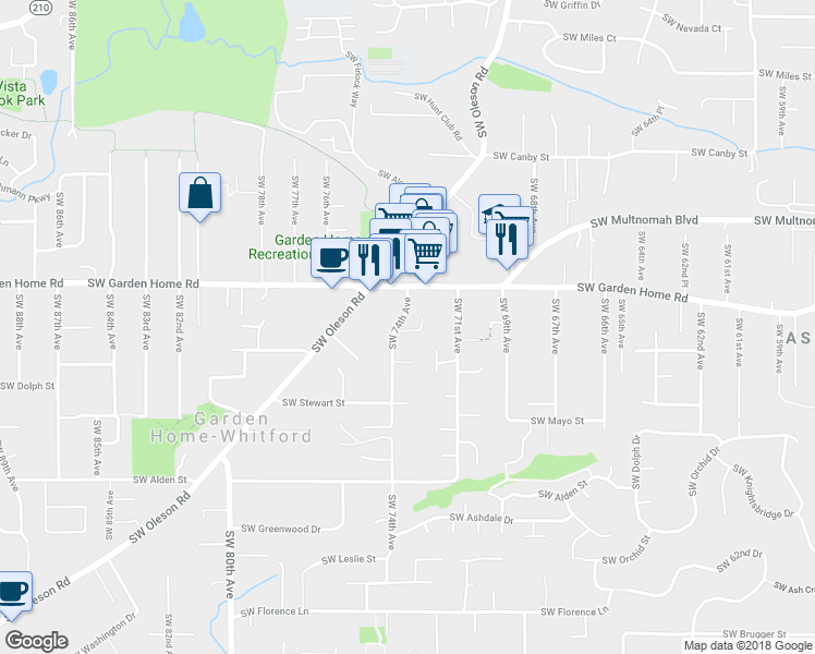 map of restaurants, bars, coffee shops, grocery stores, and more near 7605 Southwest 74th Avenue in Portland