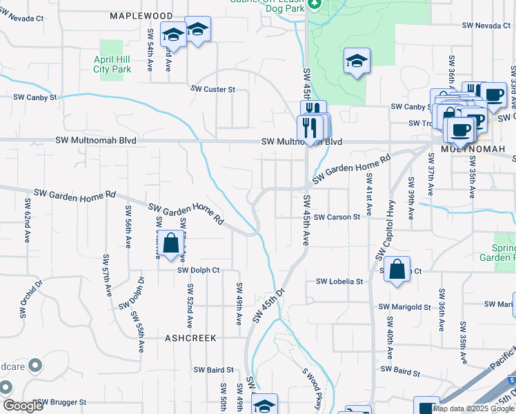 map of restaurants, bars, coffee shops, grocery stores, and more near 8229 Southwest 47th Avenue in Portland