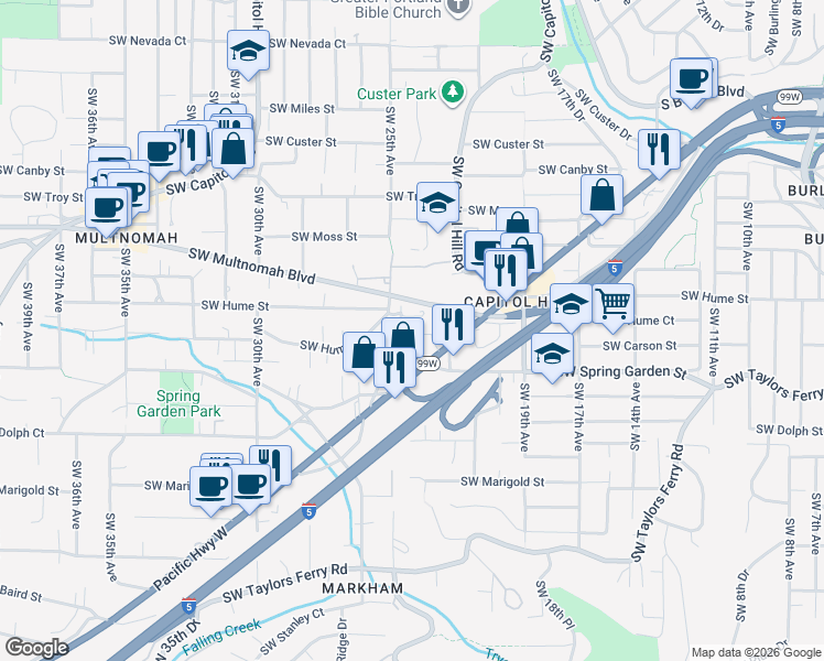 map of restaurants, bars, coffee shops, grocery stores, and more near 2350 Southwest Multnomah Boulevard in Portland