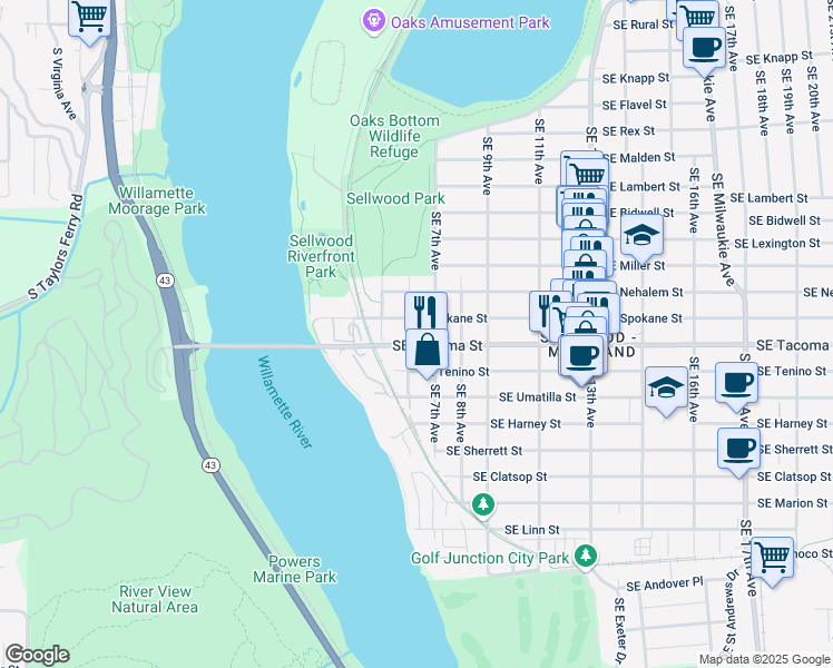 map of restaurants, bars, coffee shops, grocery stores, and more near 610 Southeast Spokane Street in Portland