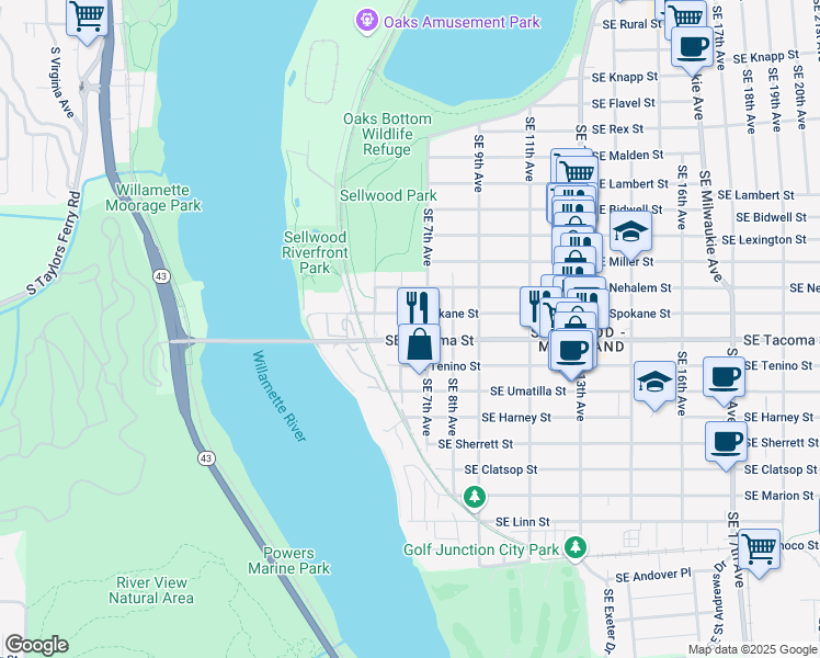 map of restaurants, bars, coffee shops, grocery stores, and more near 610 Southeast Spokane Street in Portland