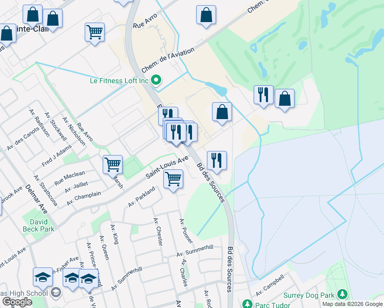 map of restaurants, bars, coffee shops, grocery stores, and more near Boulevard des Sources in Pointe-Claire