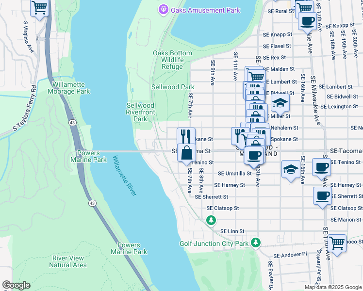 map of restaurants, bars, coffee shops, grocery stores, and more near 610 Southeast Spokane Street in Portland