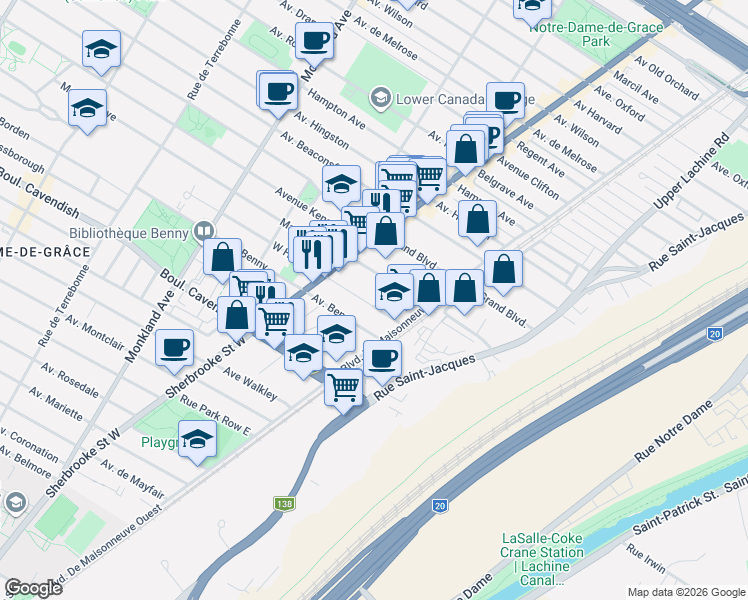 map of restaurants, bars, coffee shops, grocery stores, and more near in Montreal
