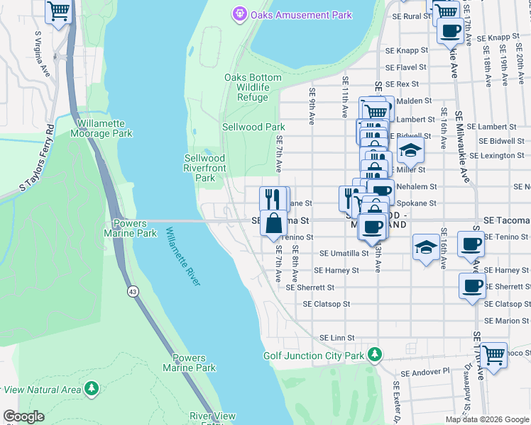 map of restaurants, bars, coffee shops, grocery stores, and more near 8072 Southeast 6th Avenue in Portland