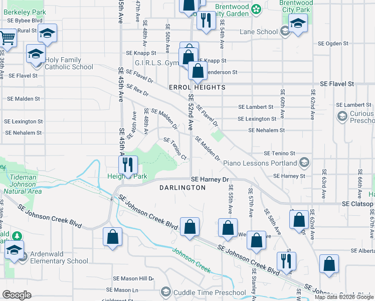 map of restaurants, bars, coffee shops, grocery stores, and more near 8125 Southeast 52nd Avenue in Portland