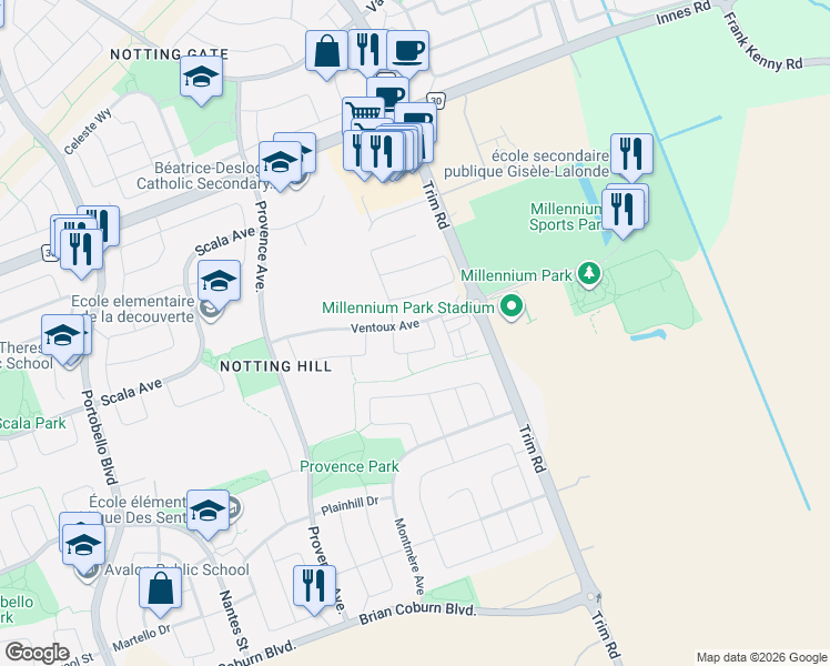 map of restaurants, bars, coffee shops, grocery stores, and more near 396 Ventoux Avenue in Ottawa