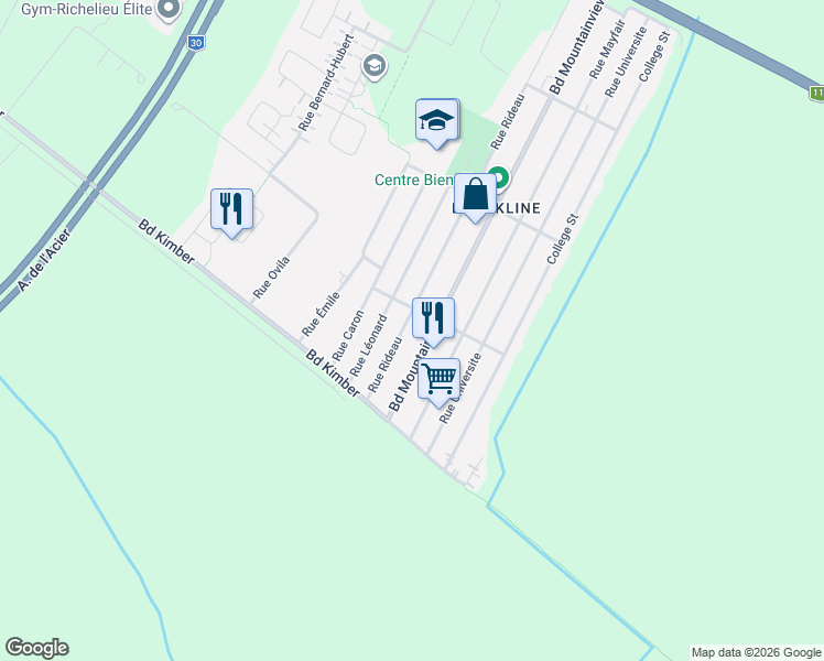 map of restaurants, bars, coffee shops, grocery stores, and more near 3735 Rue Rideau in Longueuil