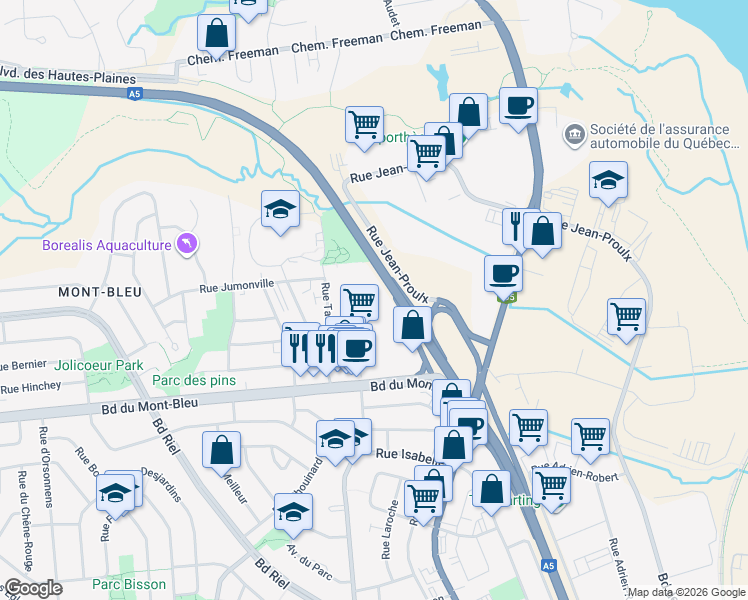 map of restaurants, bars, coffee shops, grocery stores, and more near 6 Rue Radisson in Gatineau