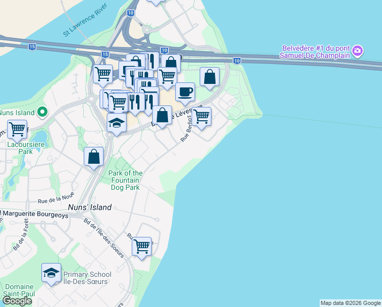 map of restaurants, bars, coffee shops, grocery stores, and more near 50 Rue Berlioz in Montréal