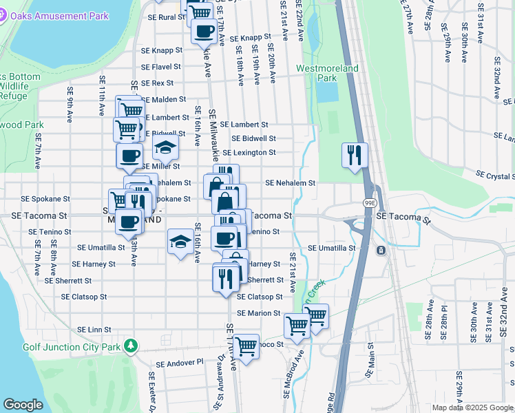 map of restaurants, bars, coffee shops, grocery stores, and more near 1748 Southeast Spokane Street in Portland