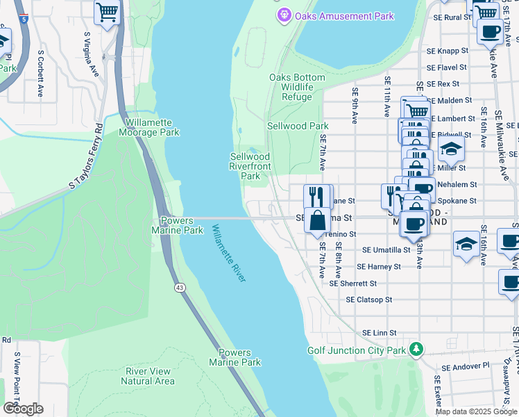 map of restaurants, bars, coffee shops, grocery stores, and more near 202 Southeast Spokane Street in Portland
