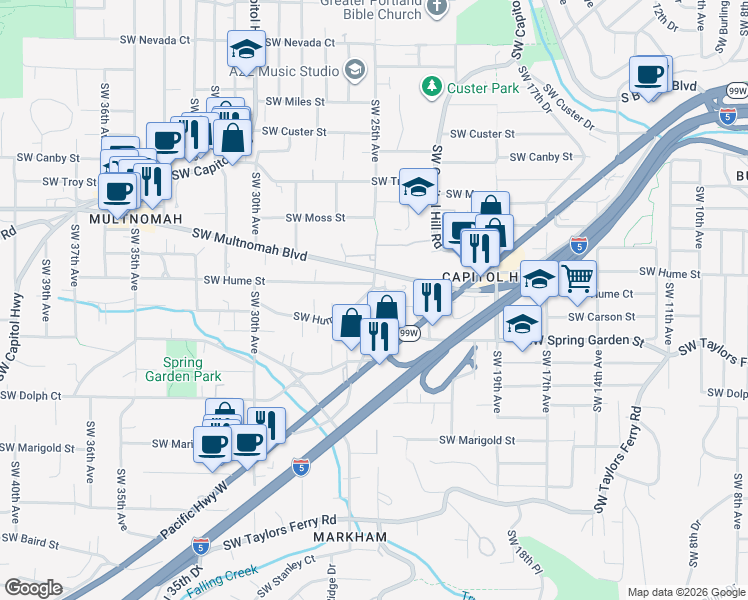 map of restaurants, bars, coffee shops, grocery stores, and more near 2525 Southwest Hume Court in Portland