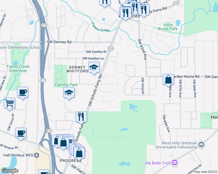 map of restaurants, bars, coffee shops, grocery stores, and more near 9680 Southwest Marjorie Lane in Beaverton