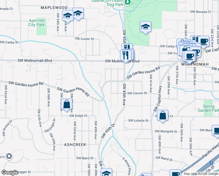 map of restaurants, bars, coffee shops, grocery stores, and more near 8267 Southwest 47th Avenue in Portland