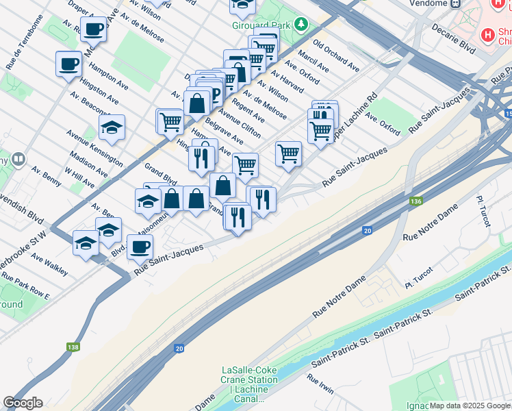 map of restaurants, bars, coffee shops, grocery stores, and more near 2007 Avenue Beaconsfield in Montréal
