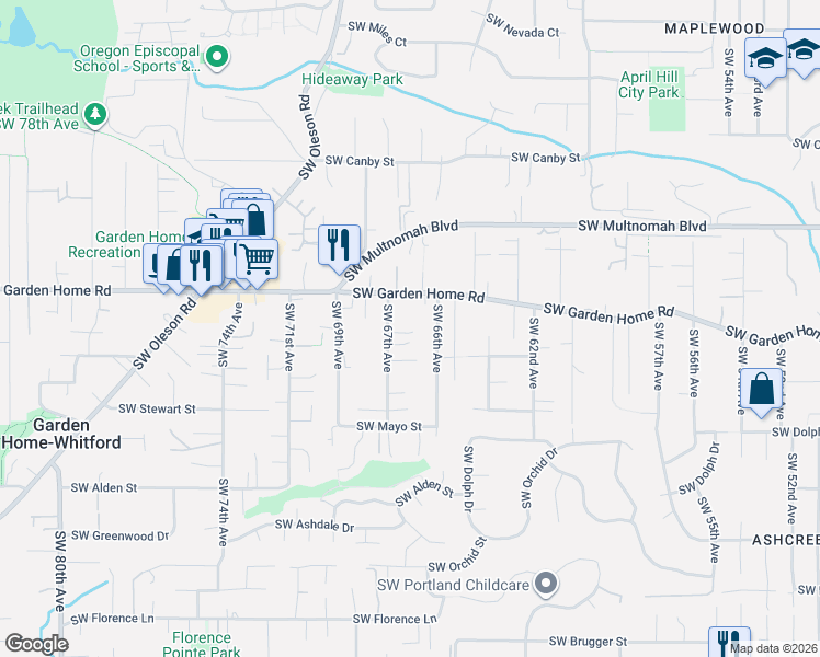 map of restaurants, bars, coffee shops, grocery stores, and more near 7640 Southwest 67th Avenue in Portland