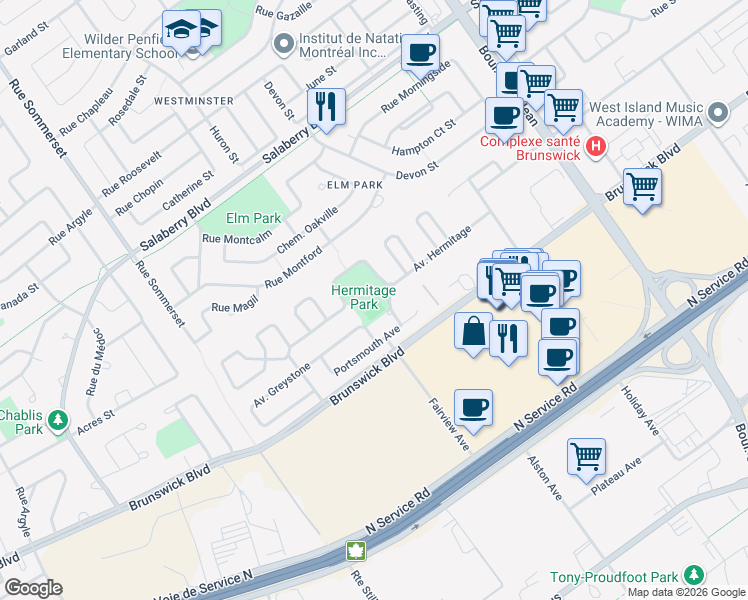 map of restaurants, bars, coffee shops, grocery stores, and more near 400 Avenue Hermitage in Pointe-Claire