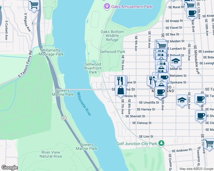 map of restaurants, bars, coffee shops, grocery stores, and more near in Portland