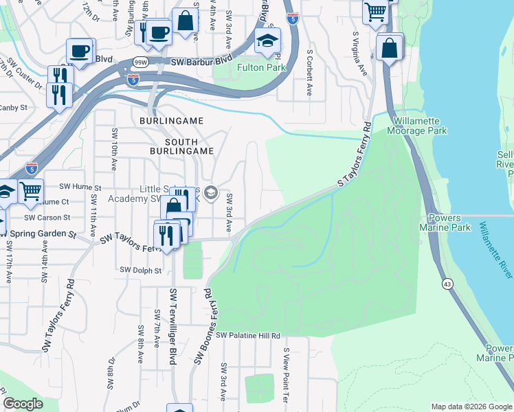 map of restaurants, bars, coffee shops, grocery stores, and more near 7640 Southwest Ruby Terrace in Portland
